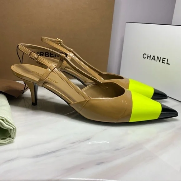 💯Auth.⭐️BURBERRY⭐️ Super Comfy!! Neon/Nude/Black Sling Back Heels NWT & OG Box! - Picture 6 of 15